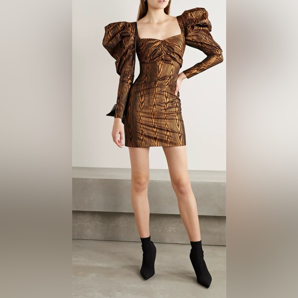 House of Holland tiger wood print Volume sleeve mini bronze dress 8 NWT $499